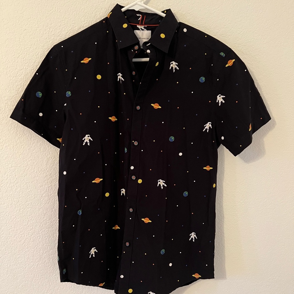 Ricky & Micky Short Sleeves Button Shirt Black with space & astronauts print, S